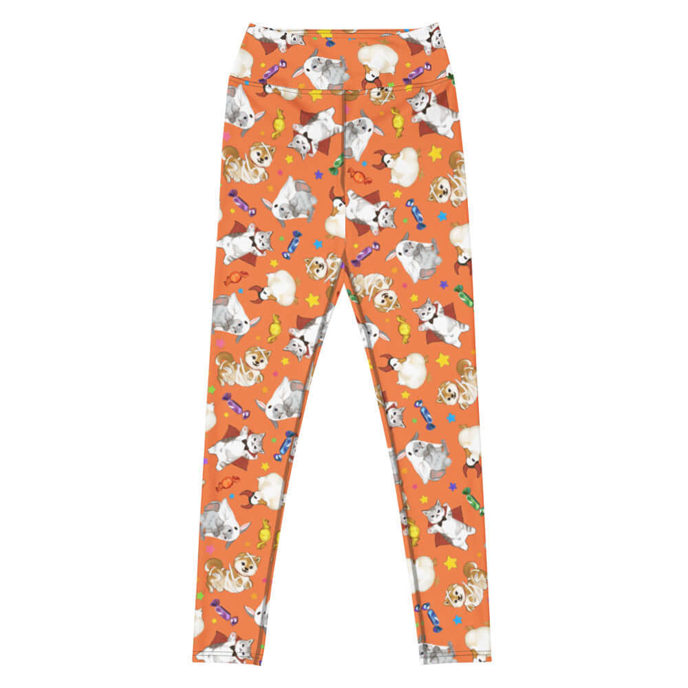 High-waisted Trick or Treaters Leggings feature a fun pattern, perfect for Halloween adventures with your pets.