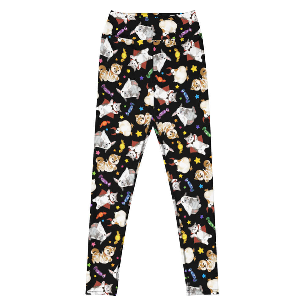 High-waisted Trick or Treaters Leggings featuring playful pets and Halloween motifs for festive fun. Perfect for cozy wear!
