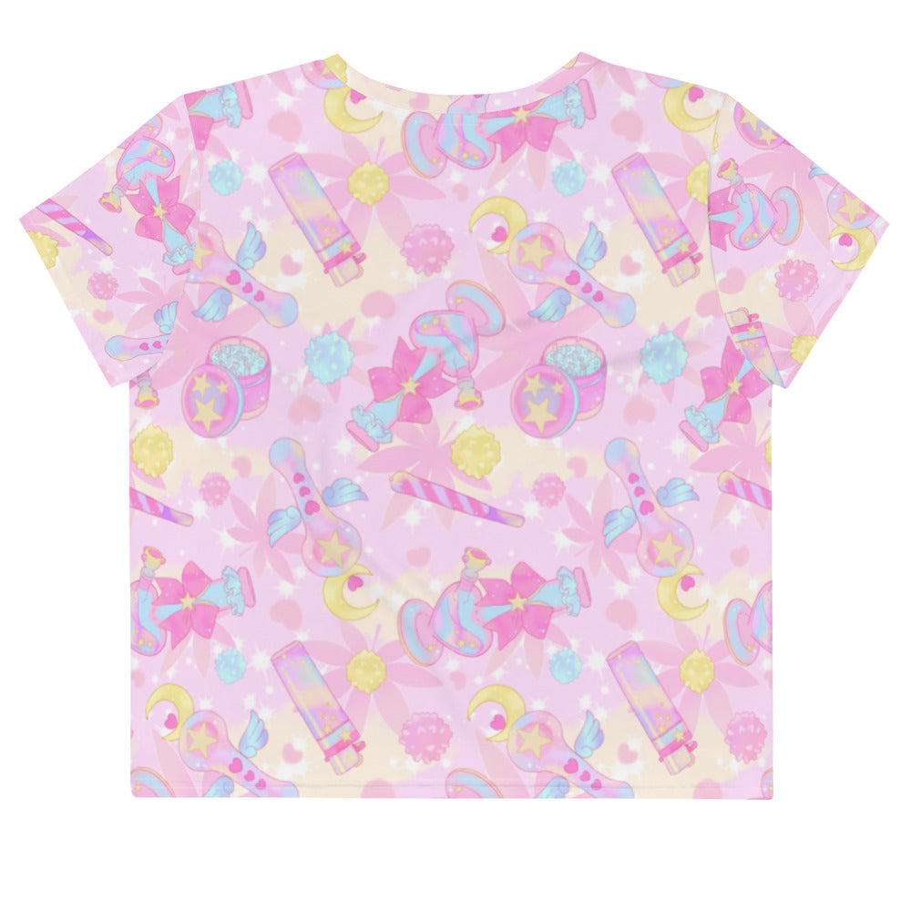 Kawaii Indica Magica Crop Top featuring a playful pastel design, perfect for a chill, stylish look.