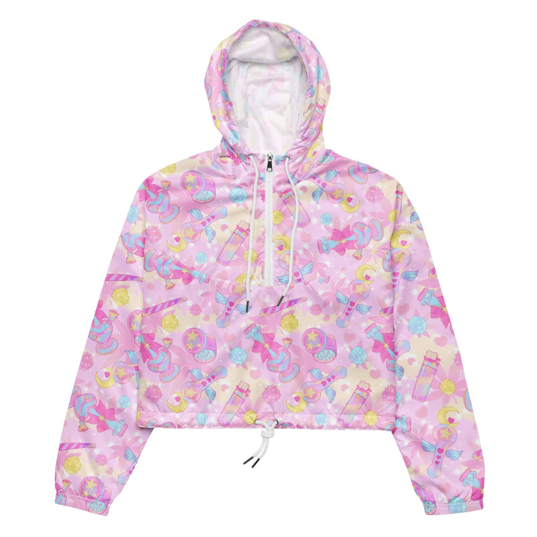 Stay stylish on any adventure with the lightweight Indica Magica cropped windbreaker featuring fun, colorful designs.