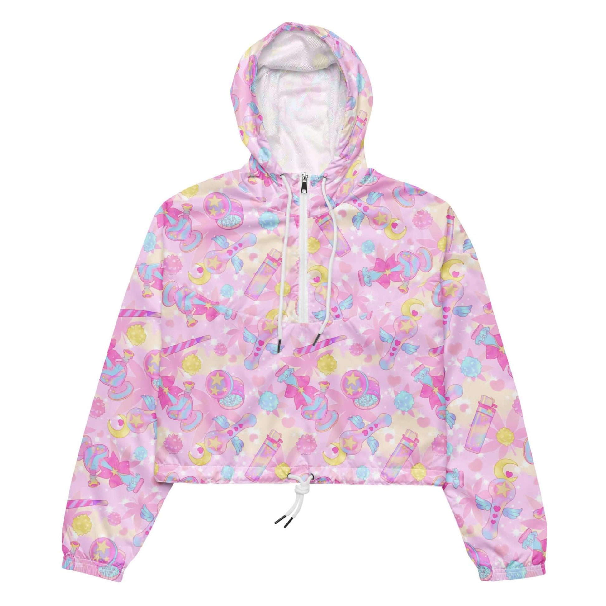 Stay stylish on any adventure with the lightweight Indica Magica cropped windbreaker featuring fun, colorful designs.