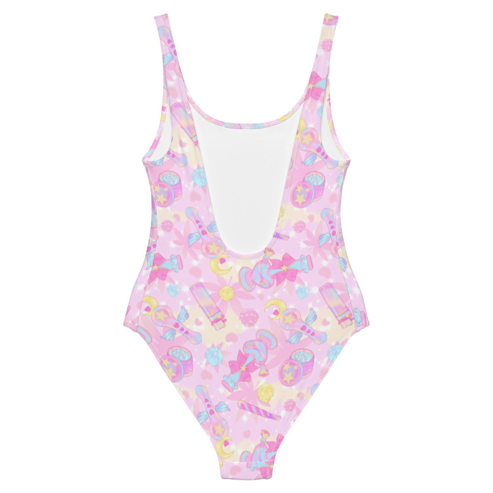 Kawaii Indica Magica One-Piece Swimsuit features a playful design, perfect for showcasing your chill side at the beach.