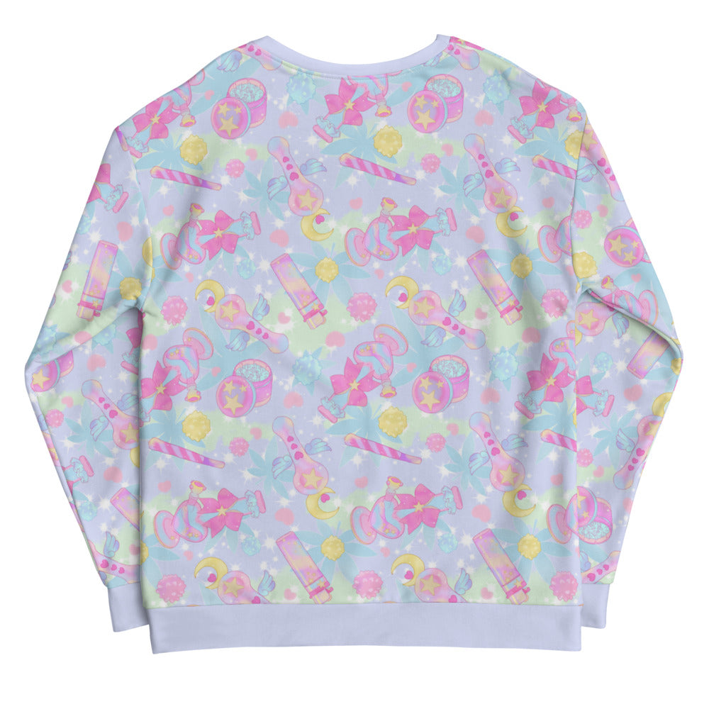 Colorful back design of the Indica Magica Sweatshirt, blending kawaii elements for a playful, chill vibe. Perfect for casual wear.
