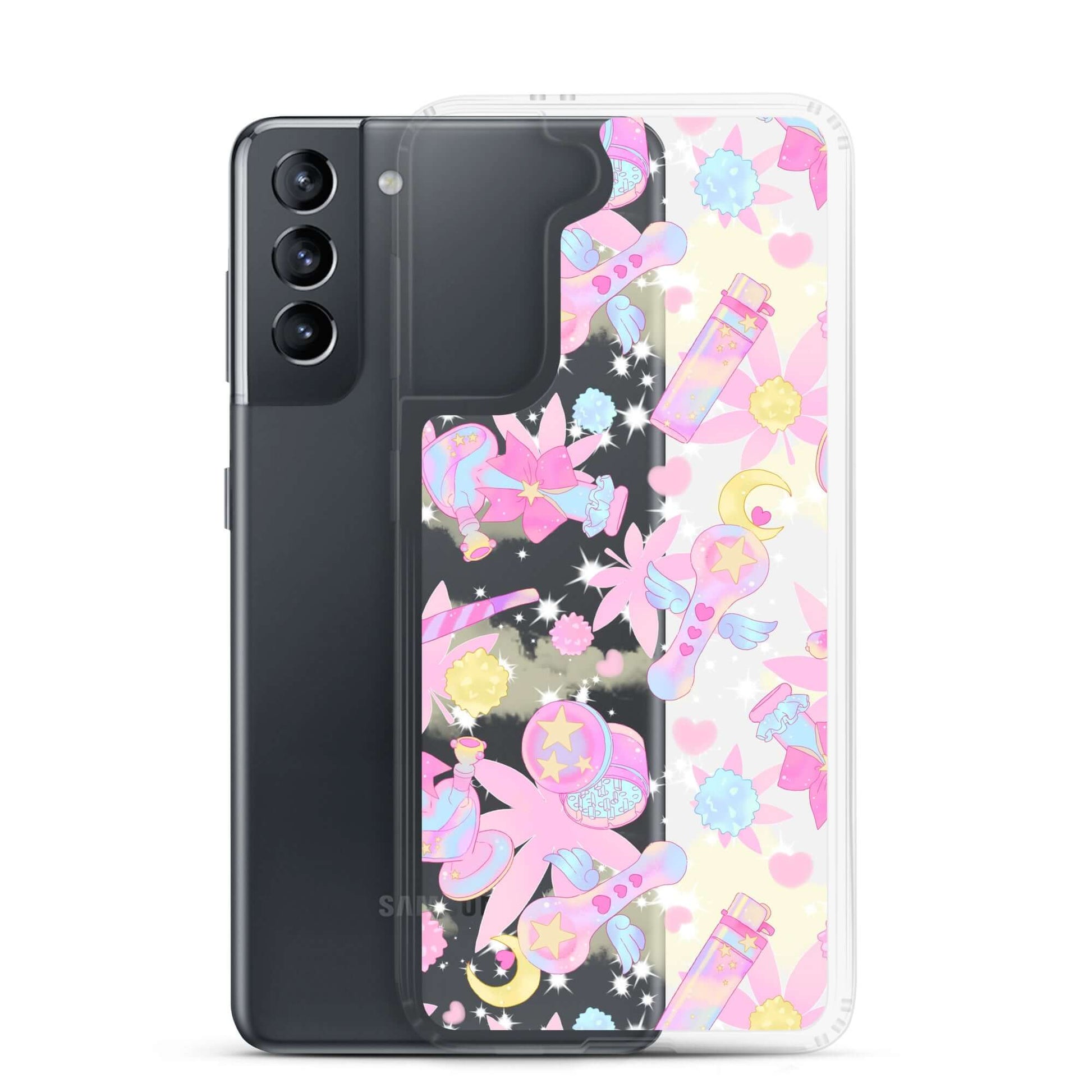 Stylish Indica Magica Samsung® Clear Case showcases vibrant kawaii designs, perfect for protecting your Galaxy S21.