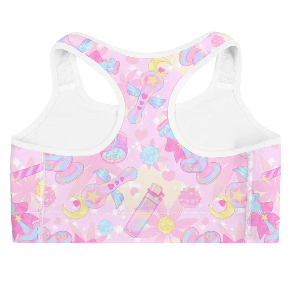 Stylish Indica Magica Sports bra features fun patterns and moisture-wicking material for gym workouts.