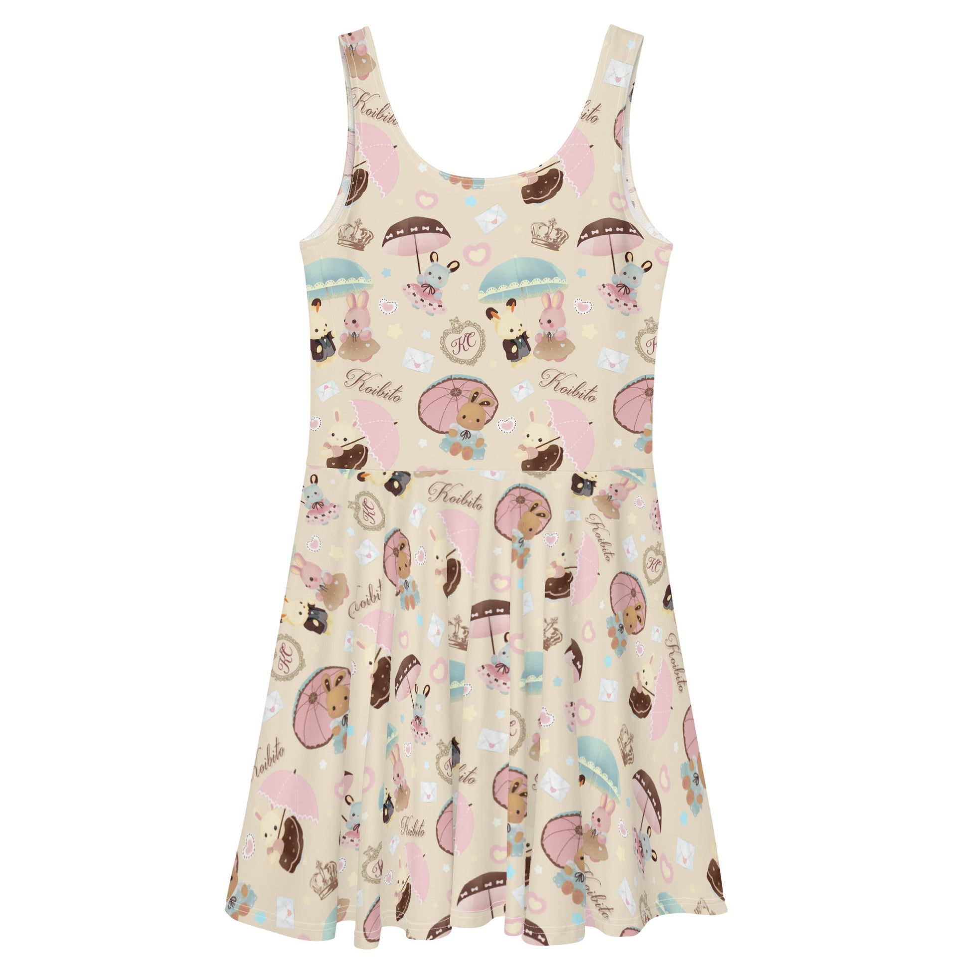 Kawaii Parasol Bunny Skater Dress with flared skirt, perfect for spring tea parties and brightening your wardrobe.