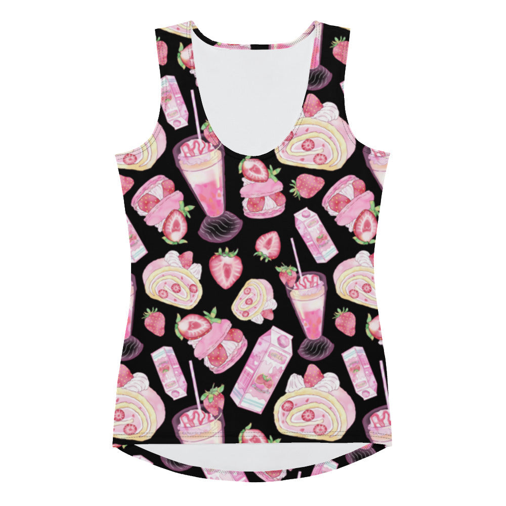 Pastel pink Strawberry Tank Top featuring a cute dessert print, perfect for a kawaii aesthetic. Order one size down!