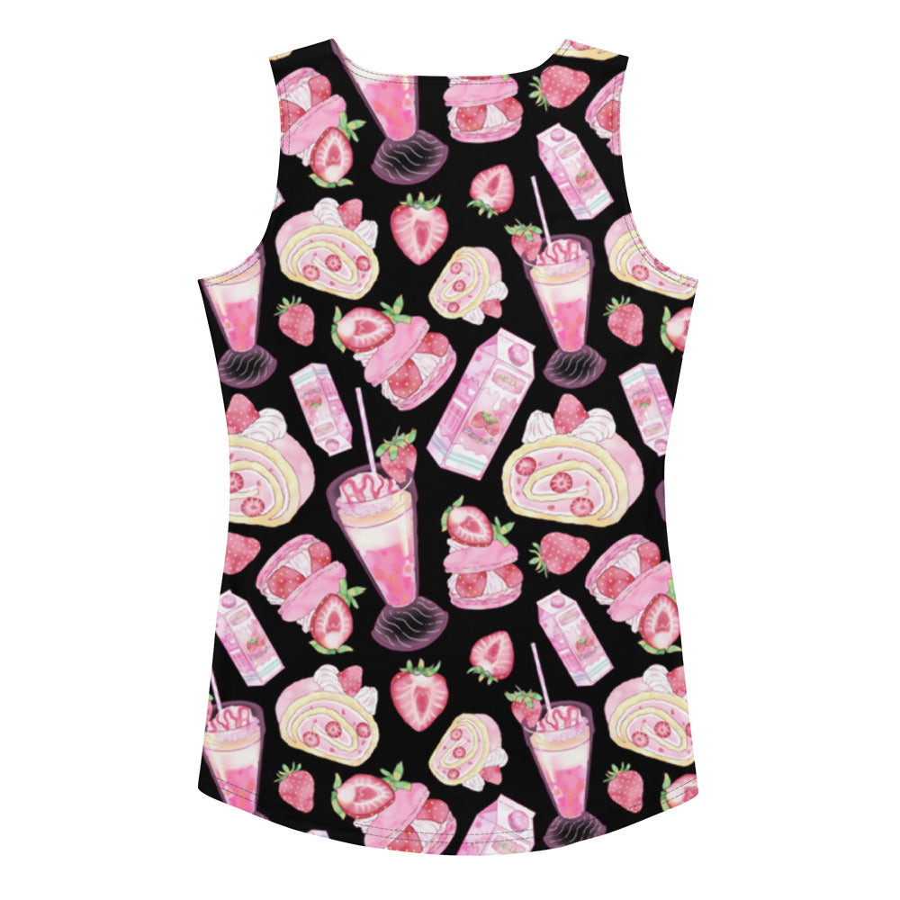 Pastel pink Strawberry Tank Top featuring a cute fruit print, perfect for a kawaii aesthetic. Order one size down!