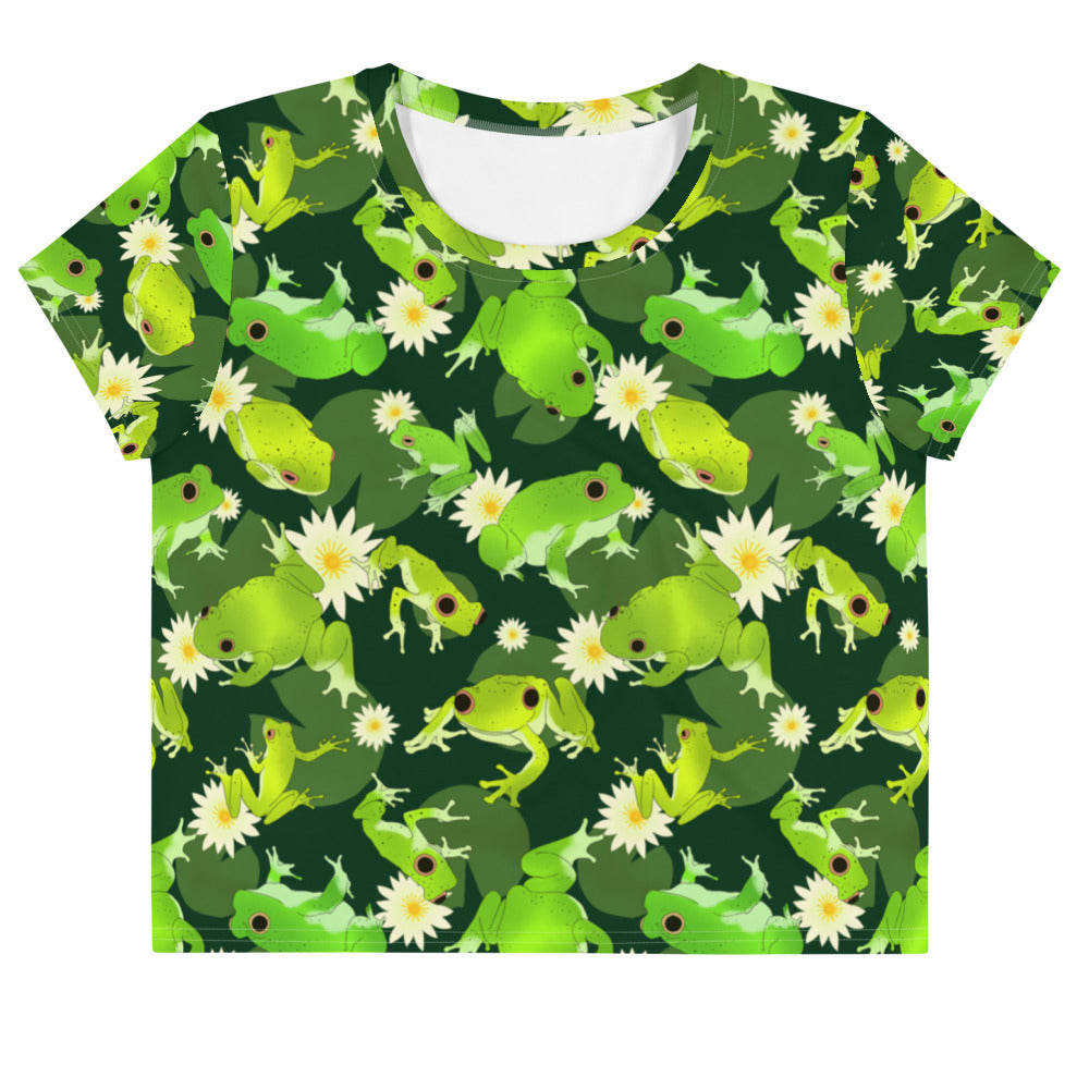 Kero-kero Crop Top features a fun frog design, perfect for fans of cute, stylish apparel. Ideal for everyday wear!