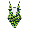 Kero-kero One-Piece Swimsuit featuring vibrant frog patterns, perfect for showing off your style and love for frogs.