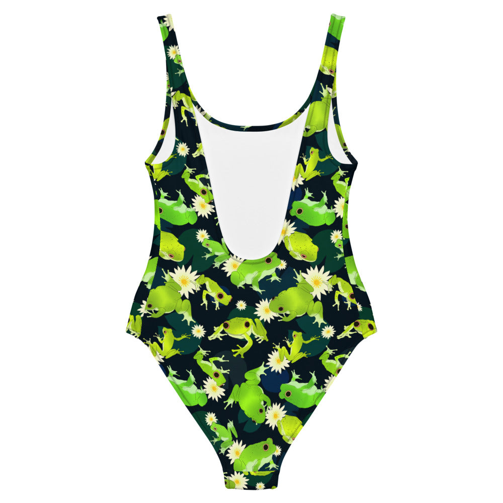 Kero-kero One-Piece Swimsuit featuring vibrant frog patterns, perfect for showing off your style and love for frogs.