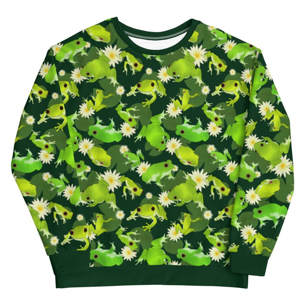 Explore the vibrant Kero-kero Sweatshirt featuring playful frog patterns, perfect for any frog enthusiast's wardrobe.