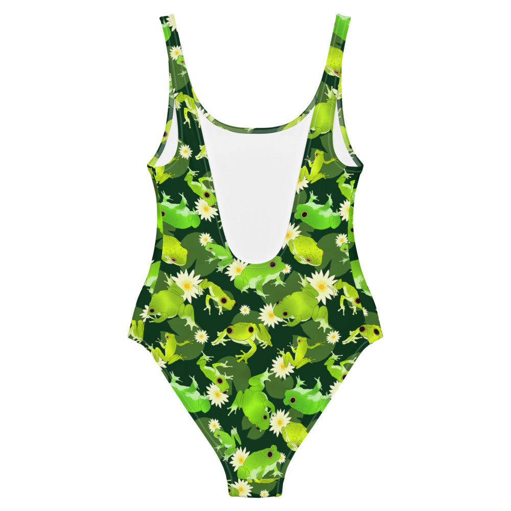 Bright and fun Kero-kero One-Piece Swimsuit featuring a playful frog design, perfect for summer adventures.