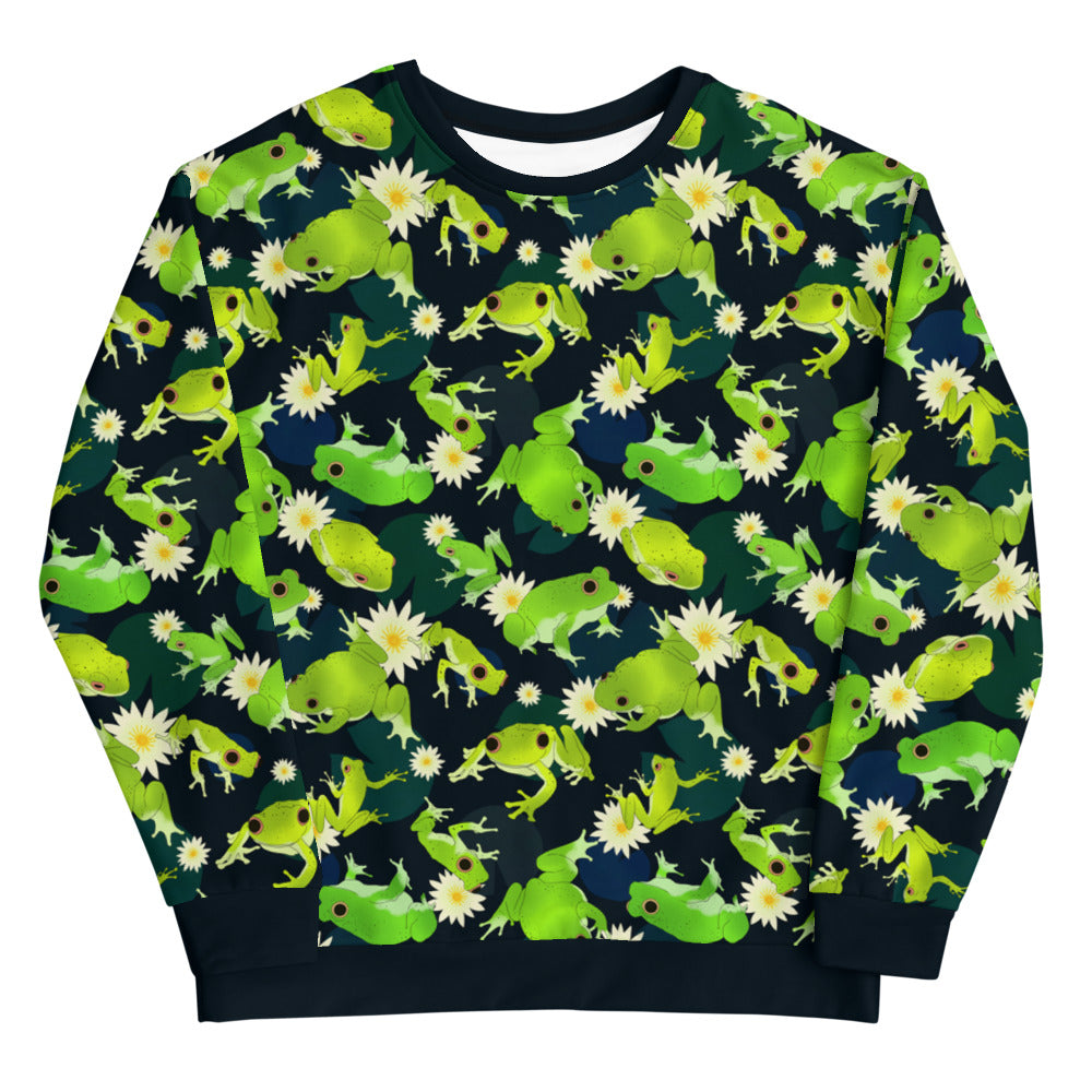 Bright and fun Kero-kero Sweatshirt featuring playful frog and flower patterns, perfect for casual wear.