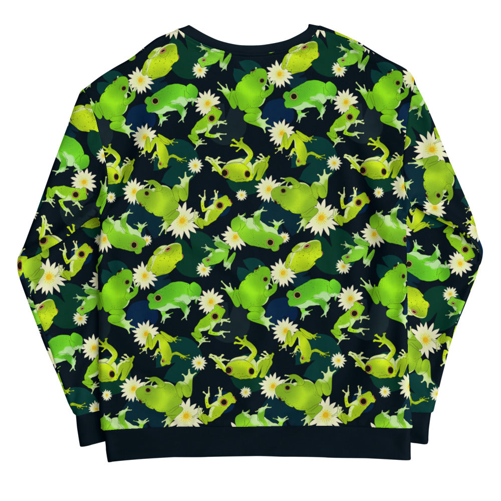 Kero-kero Sweatshirt featuring vibrant frog designs, perfect for fans of unique and playful fashion. Ideal for casual wear.