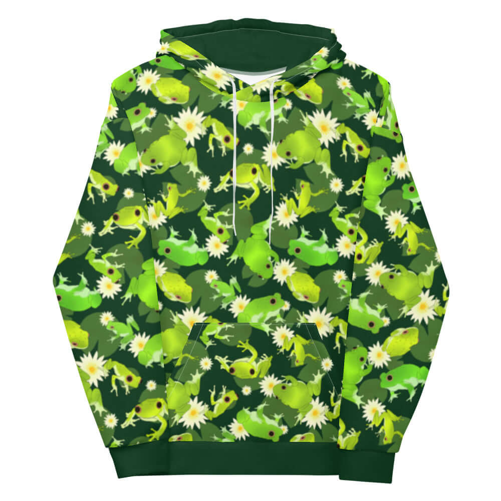 Cozy Kero-kero Hoodie featuring a vibrant frog print, perfect for frog lovers and herpetologists alike.
