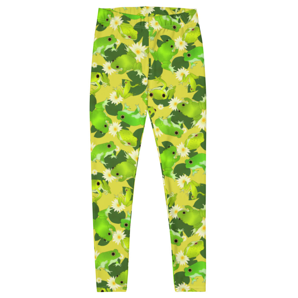 Bright and playful Kero-kero Leggings, perfect for comfort and style, featuring vibrant frog patterns in green and yellow.