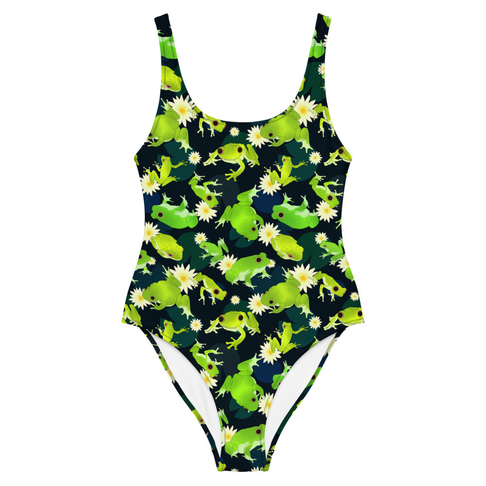 Kero-kero One-Piece Swimsuit features vibrant frog designs, perfect for making a splash at the beach or pool.