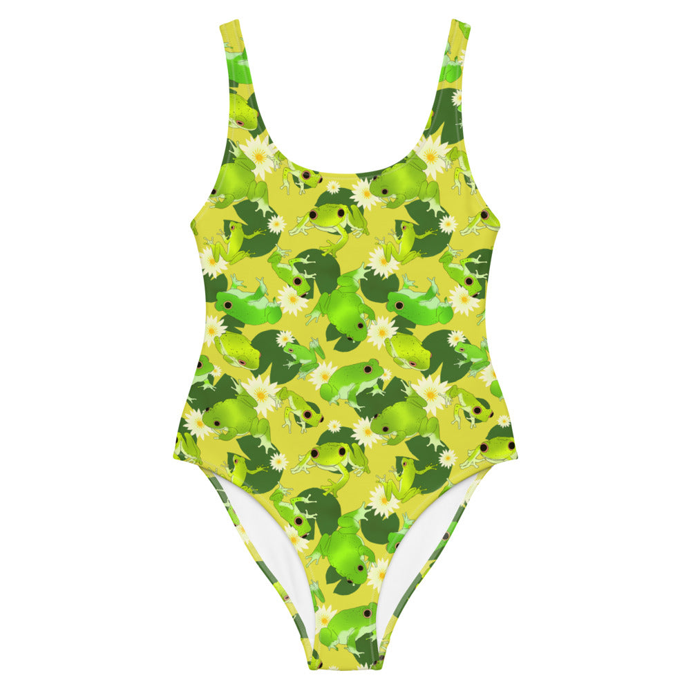 Bright and playful Kero-kero One-Piece Swimsuit featuring vibrant frog prints, perfect for fun summer days.