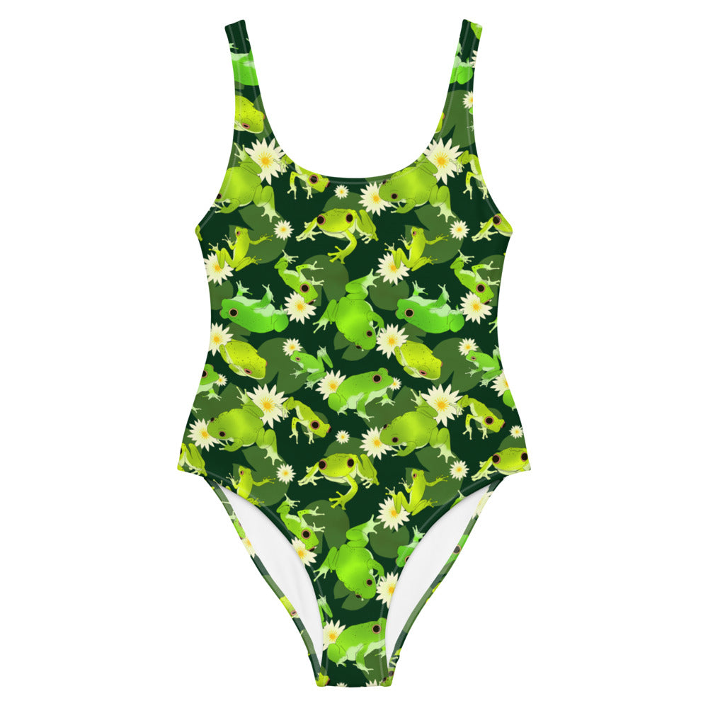 Bright and fun Kero-kero One-Piece Swimsuit featuring playful frog designs, perfect for summer adventures.