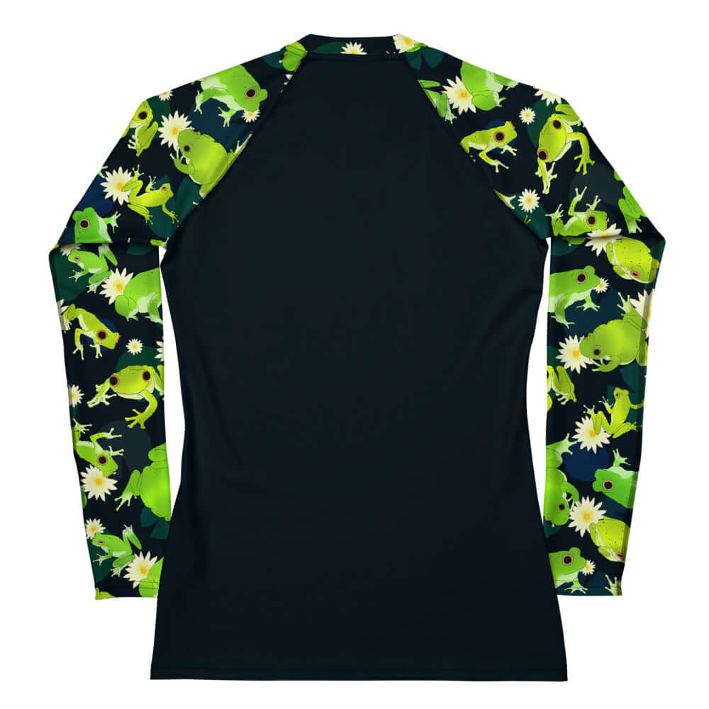 Kero-kero Rash Guard features a playful frog design, perfect for active wear and sun protection during sports.