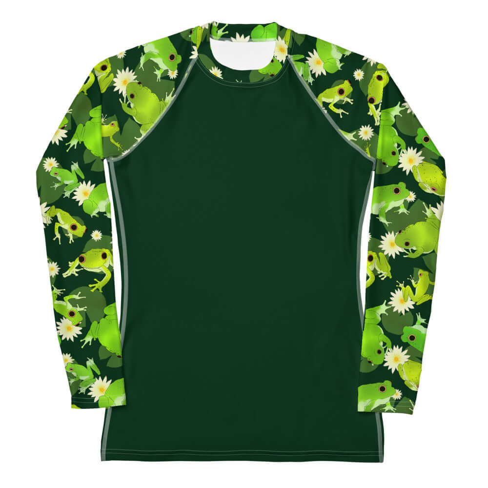 Kero-kero Rash Guard features a vibrant frog design, perfect for active outdoor sports and sun protection.