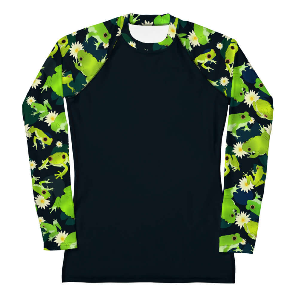 Kero-kero Rash Guard features a vibrant frog design, perfect for active days and sun protection. Ideal for sports enthusiasts!