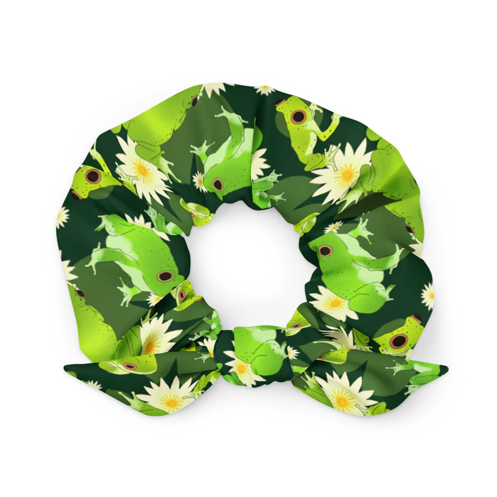 Stylish Kero-kero Scrunchie featuring vibrant frogs and flowers, perfect for frog lovers and trendy outfits.