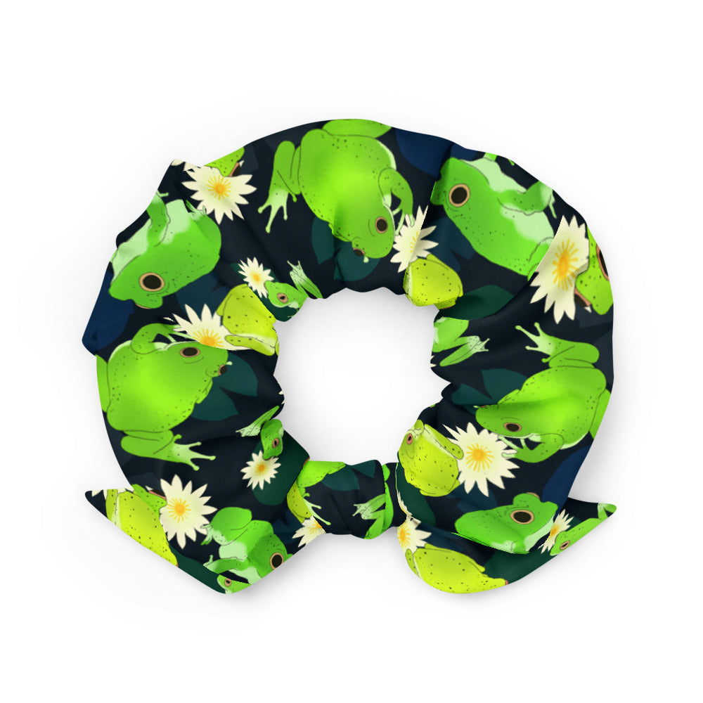 Stylish Kero-kero Scrunchie featuring vibrant frogs and flowers, perfect for frog fans and trendy outfits.