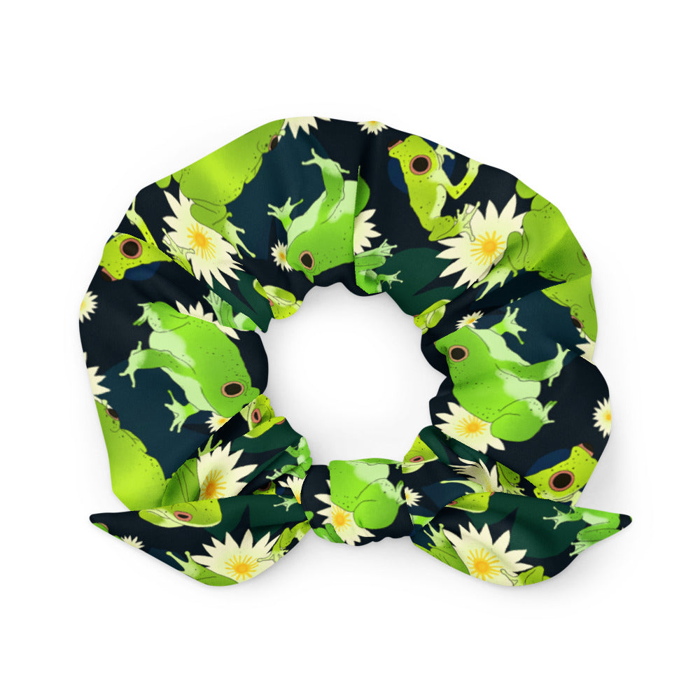 Kero-kero Scrunchie featuring vibrant frogs and lilies, perfect for frog lovers to accessorize stylishly.