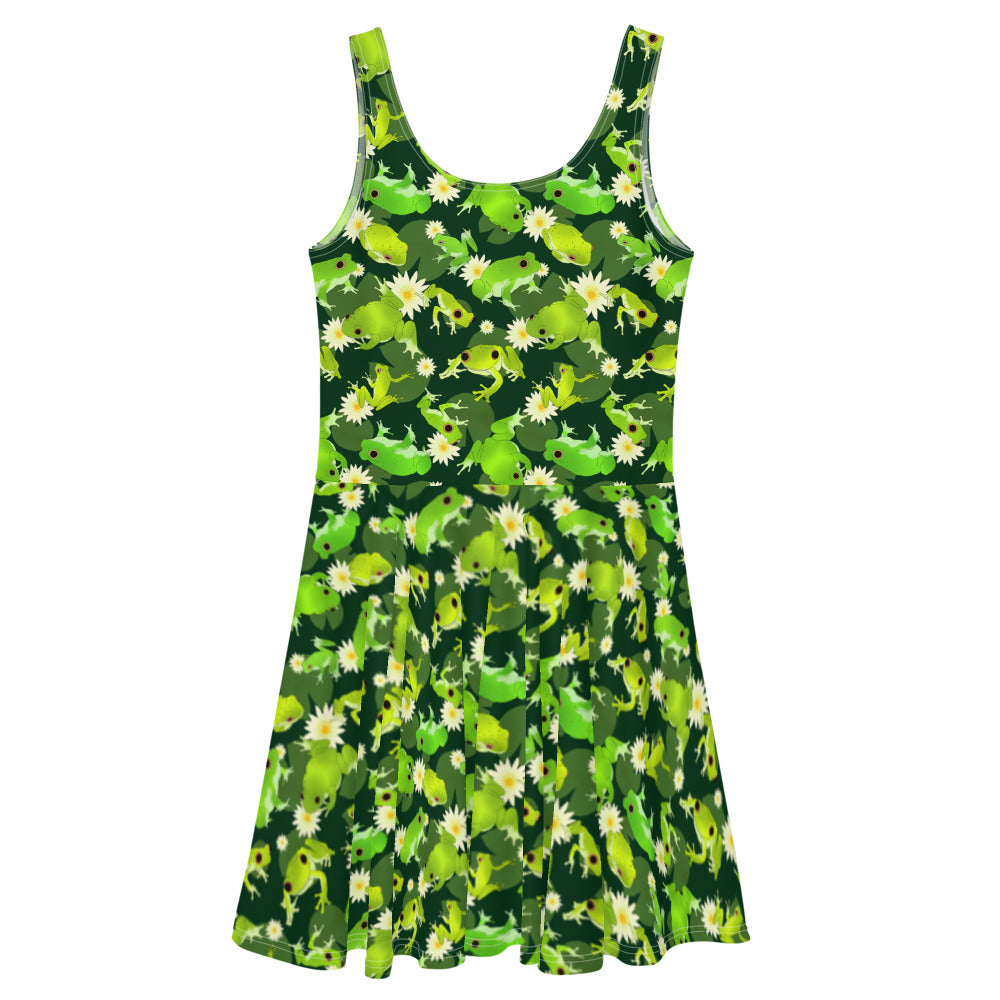 Kero-kero Skater Dress featuring vibrant frog patterns and a flared skirt, perfect for any playful outfit.