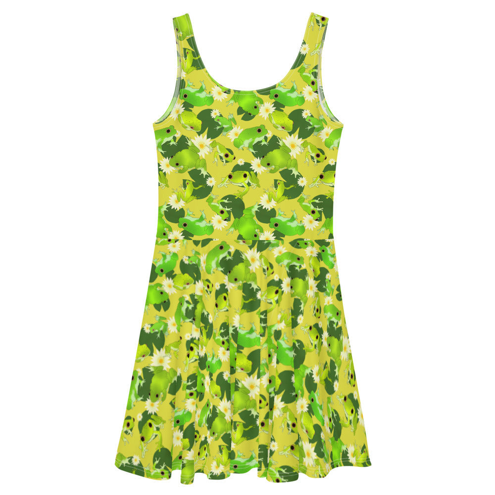 Flattering Kero-kero Skater Dress with vibrant frog design, perfect for showcasing your legs in style and comfort.