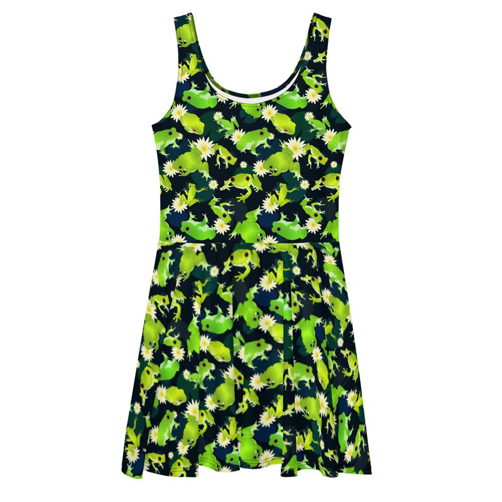 Bright and fun Kero-kero Skater Dress featuring a vibrant frog design and flared skirt, perfect for playful outfits.