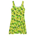 Bright and playful Kero-kero Skater Dress featuring a vibrant frog print and flared skirt, perfect for any occasion.