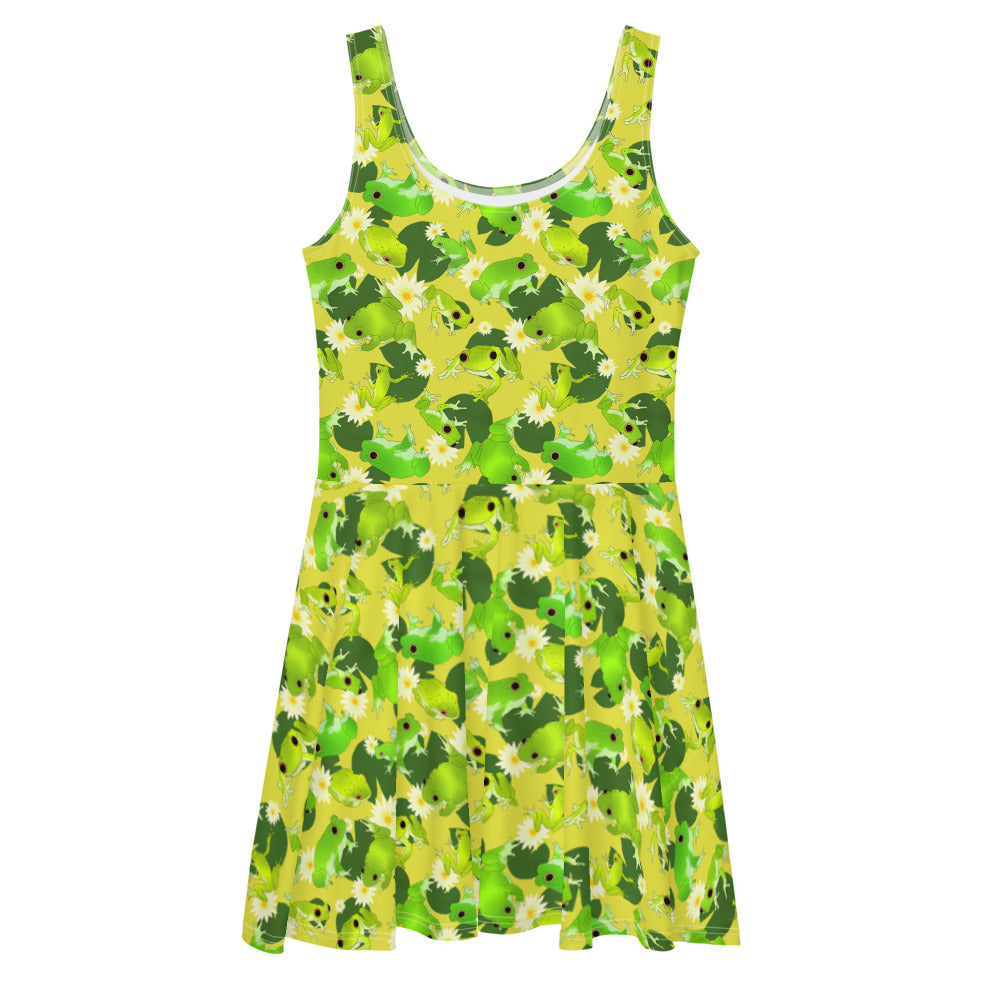 Bright and playful Kero-kero Skater Dress featuring a vibrant frog print and flared skirt, perfect for any occasion.