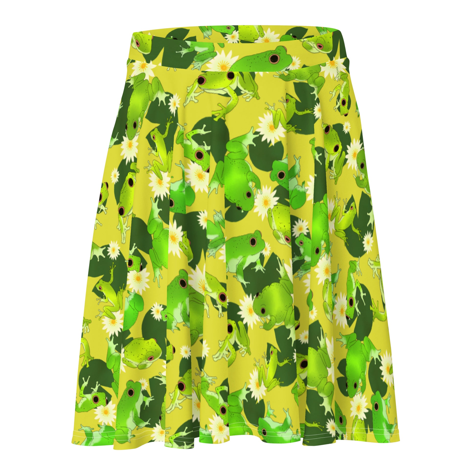 Bright and fun Kero-kero Skater Skirt featuring vibrant frogs and flowers, perfect for any occasion.