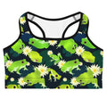 Brightly designed Kero-kero Sports bra features fun frogs, perfect for gym workouts with moisture-wicking fabric.