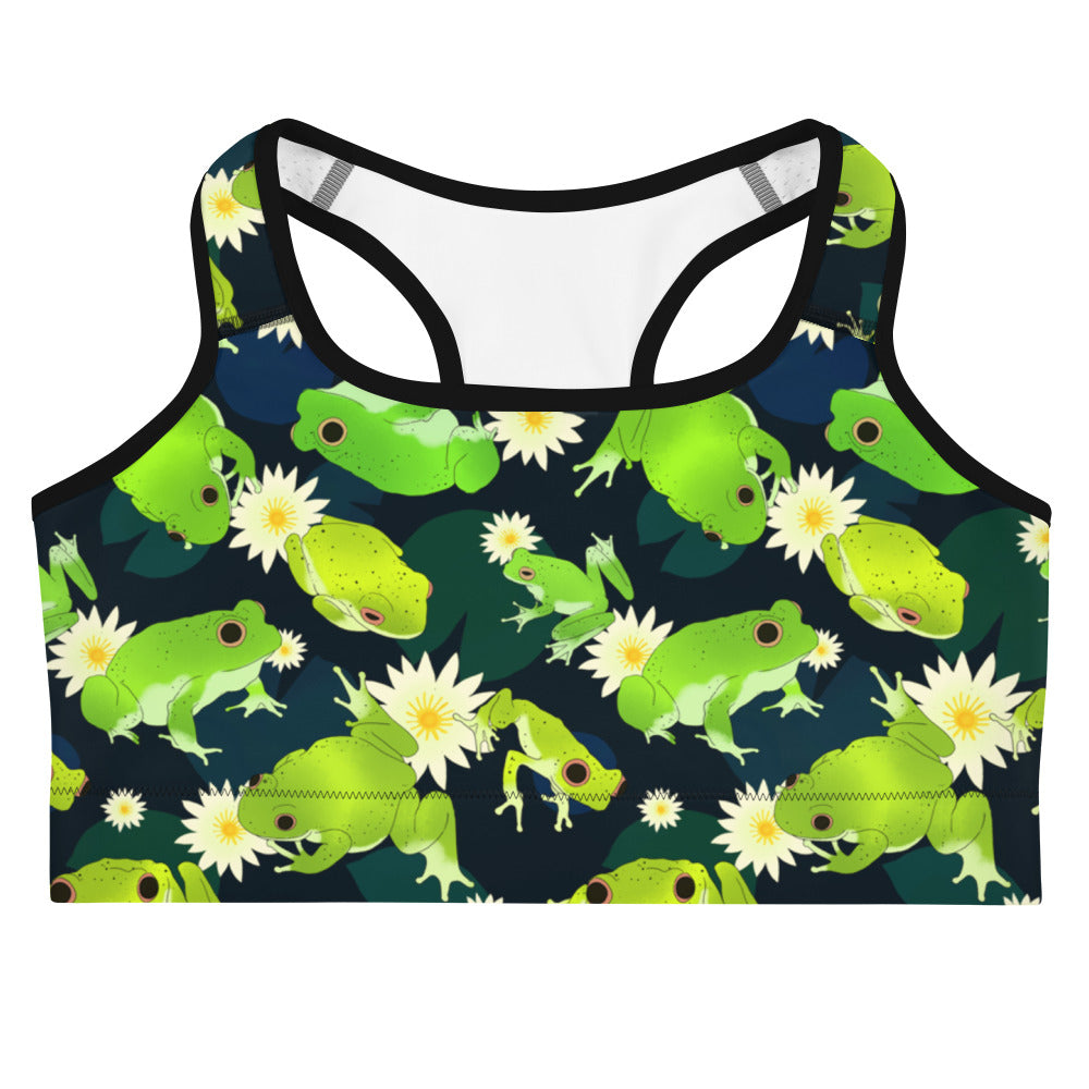 Brightly designed Kero-kero Sports bra features fun frogs, perfect for gym workouts with moisture-wicking fabric.