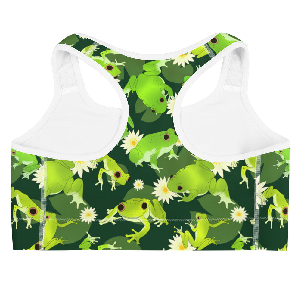 Kero-kero Sports bra featuring a vibrant frog design, perfect for workouts and made from moisture-wicking material.