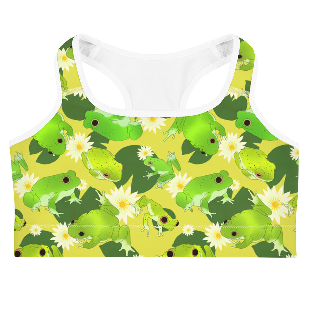 Kero-kero Sports bra features vibrant frog patterns, perfect for stylish comfort during workouts at your favorite gym.