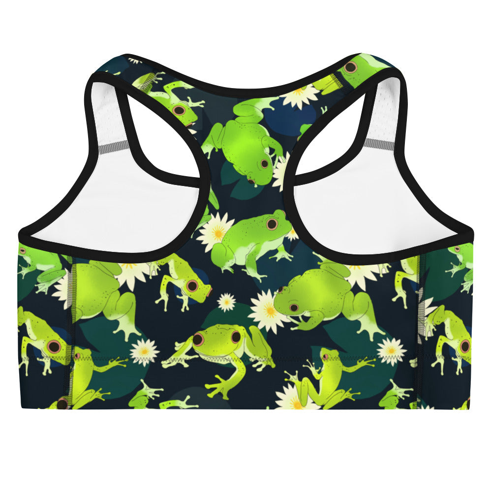Kero-kero Sports bra features a vibrant frog design, perfect for moisture-wicking support during workouts.