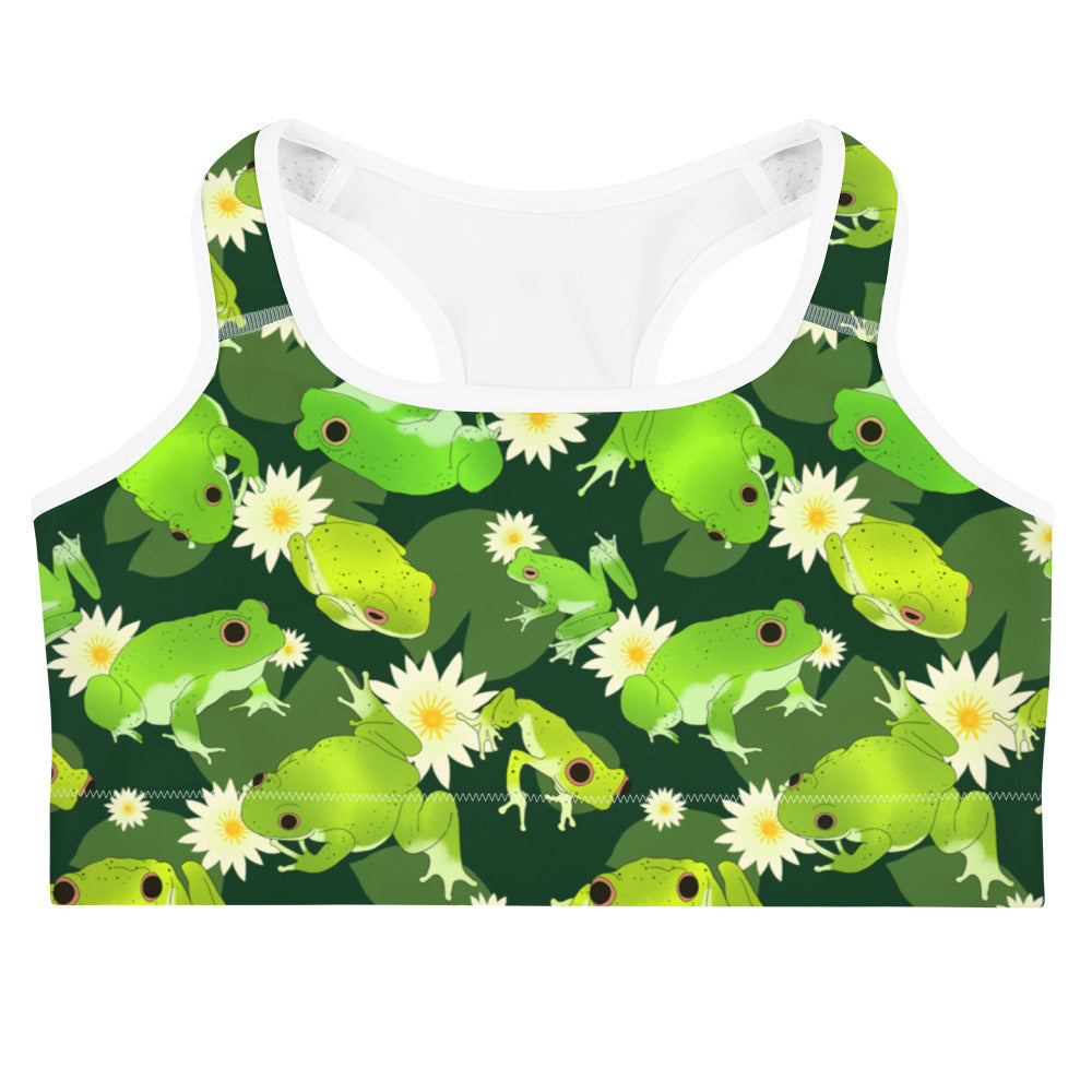 Kero-kero Sports bra featuring vibrant frog print, perfect for moisture-wicking comfort during workouts.