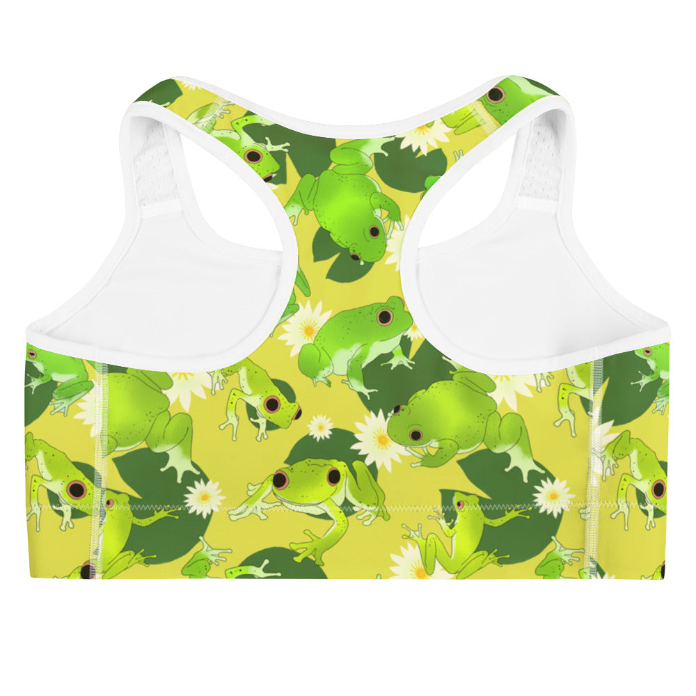 Bright and fun Kero-kero Sports bra features a vibrant frog design, perfect for gym workouts and casual wear.