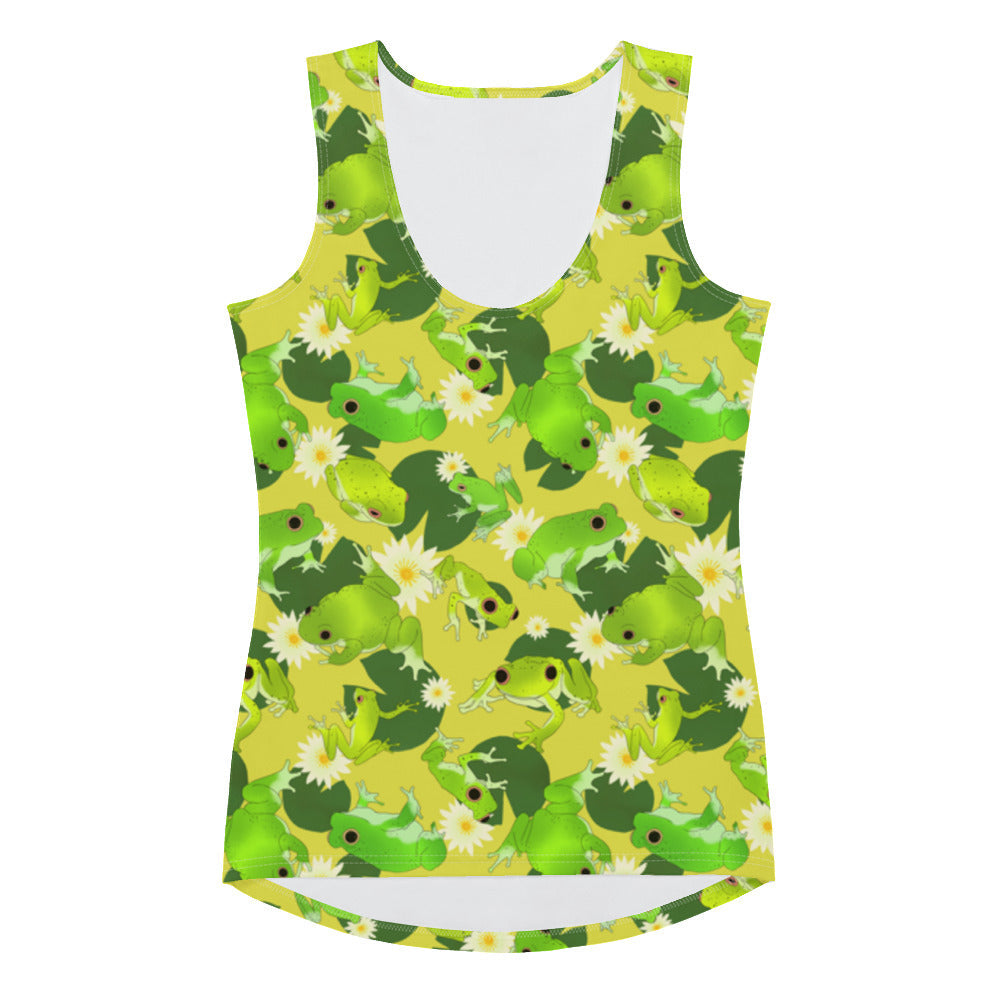 Bright and unique Kero-kero Tank Top featuring green frogs and flowers, perfect for a cool summer look.
