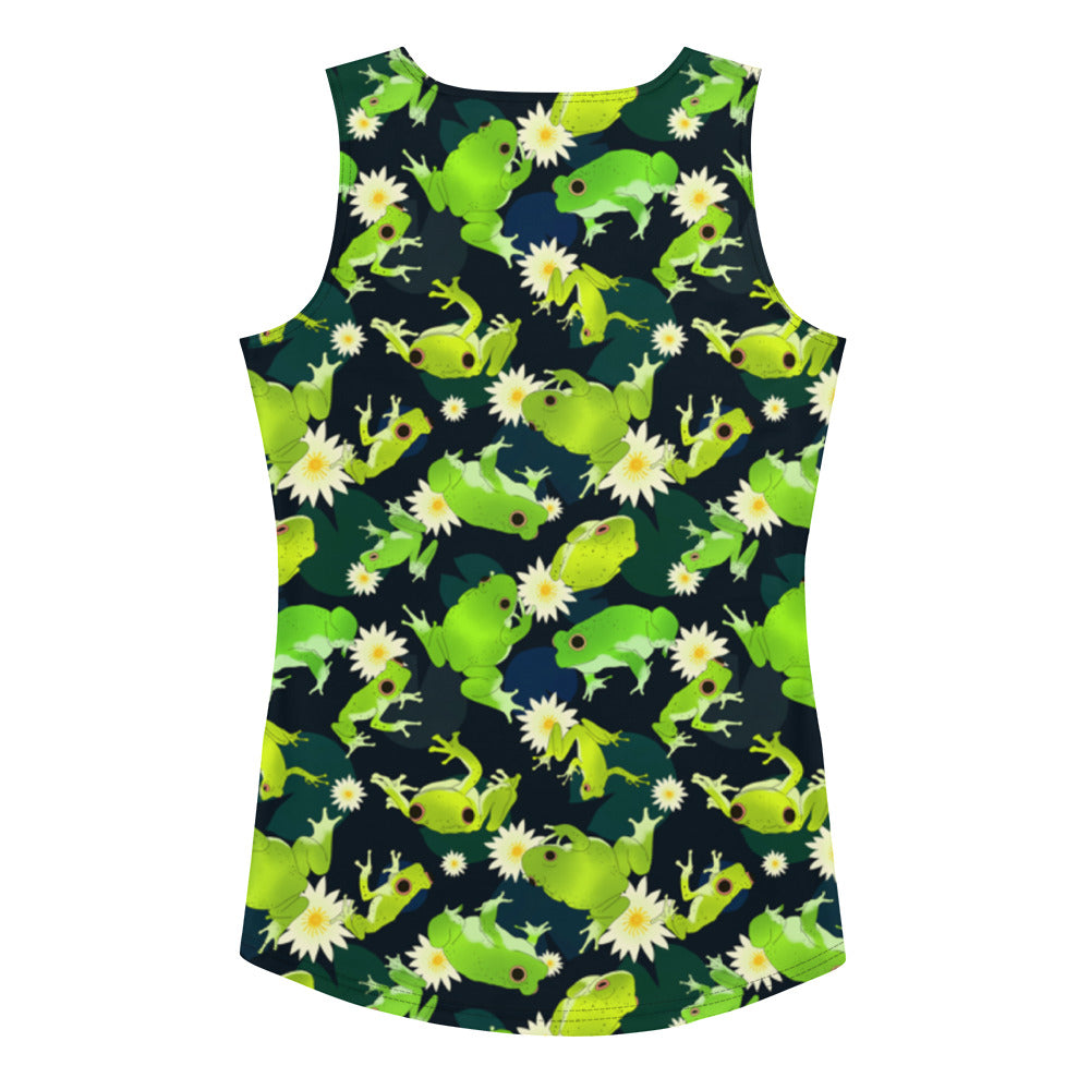 Vibrant Kero-kero Tank Top featuring playful frog designs, perfect for a cool, comfortable summer look.