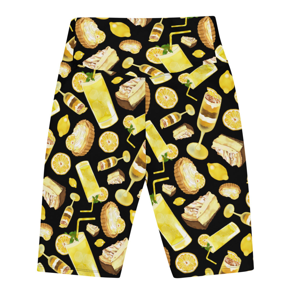 High-waisted Lemon Biker Shorts featuring a vibrant lemon print, perfect for comfort and style at any outing.