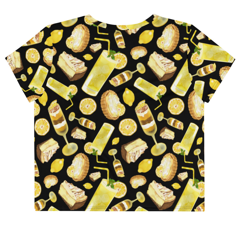 Bright yellow Lemon Crop Top featuring a fun lemon print, perfect for a refreshing summer look!