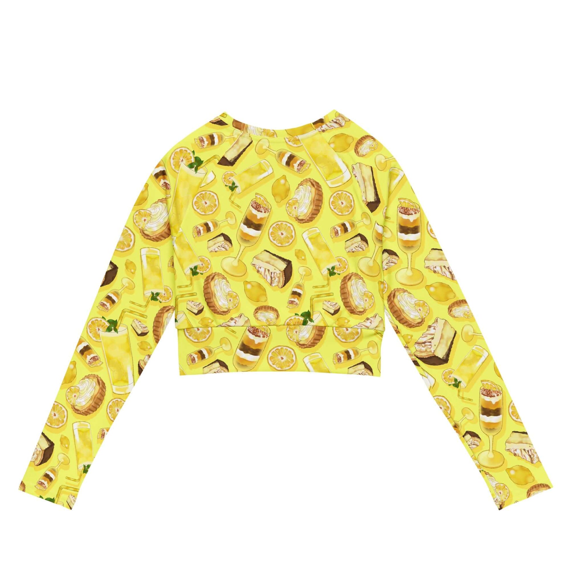 Vibrant Lemon Long-sleeved Crop Top featuring a fun pattern, eco-friendly fabric, perfect for athleisure or sports.