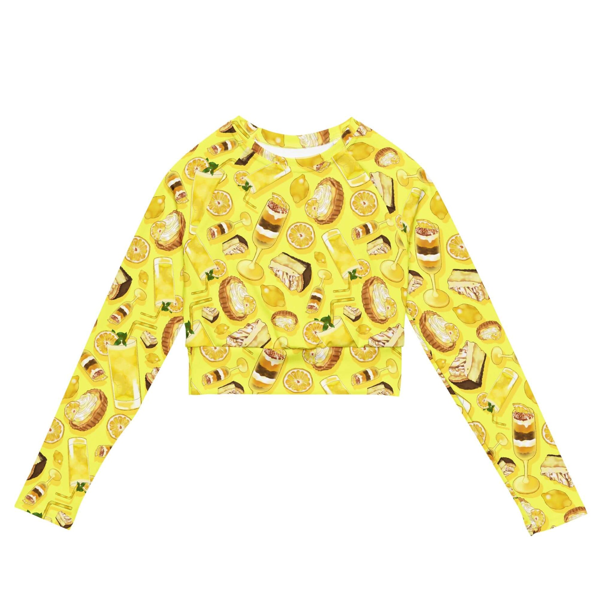 Bright and fun Lemon Long-sleeved Crop Top made from eco-friendly recycled materials, perfect for athleisure activities.