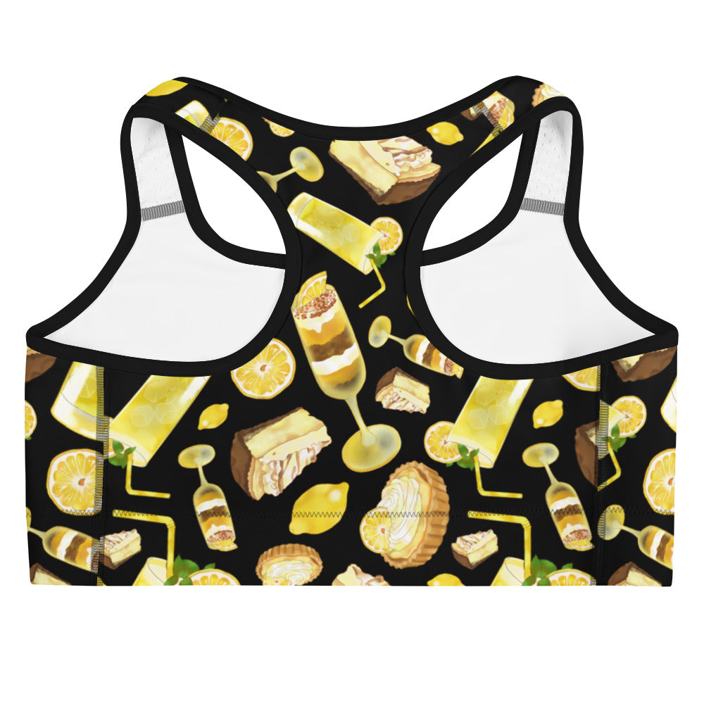 Bright and vibrant Lemon Sports bra featuring a fun lemon pattern, perfect for workouts at [Store Name].